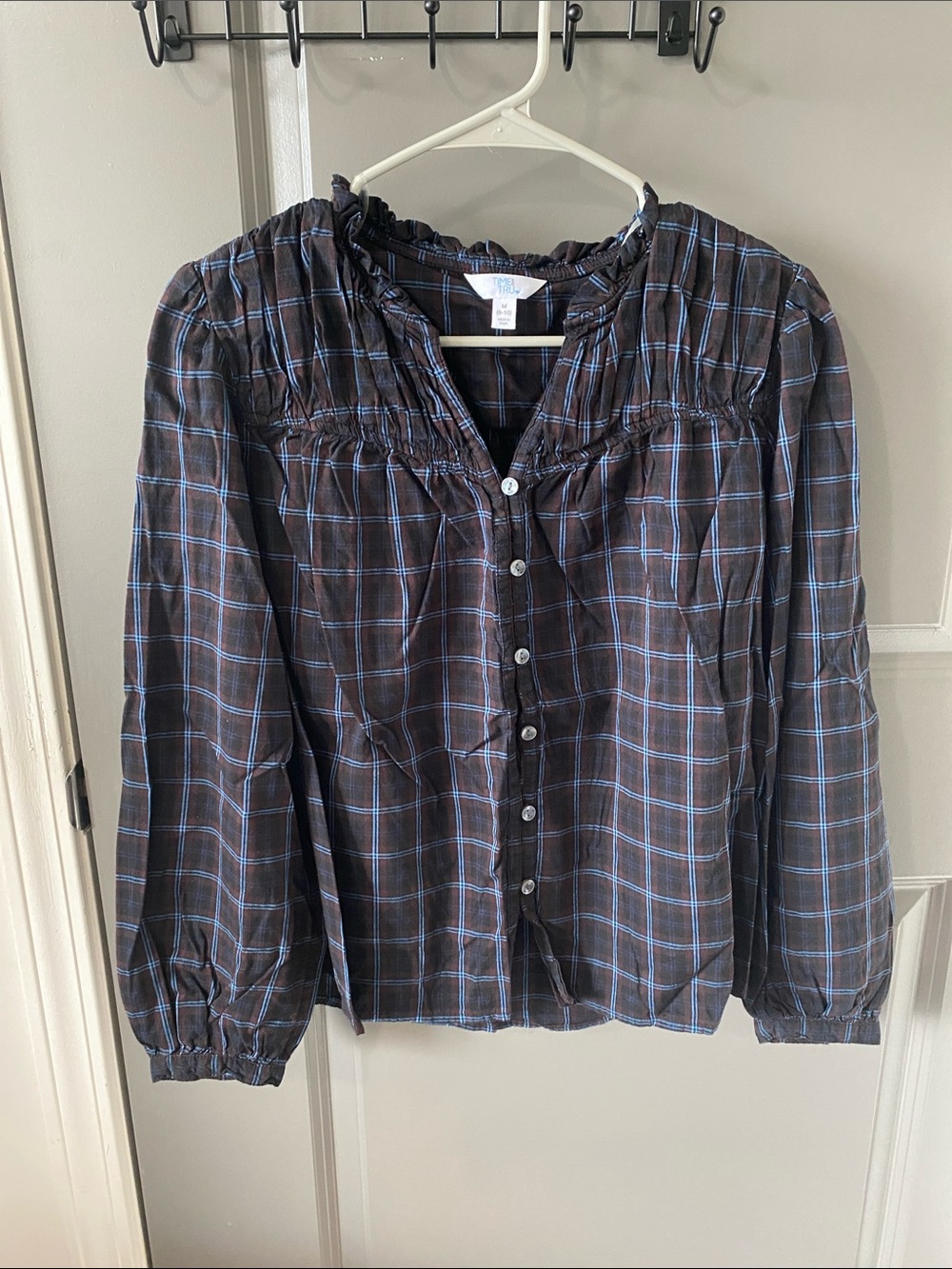 Time and Tru Brown Plaid Button-Down Shirt with Blue Trim